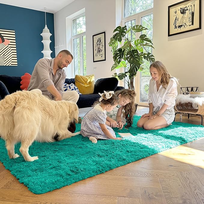 OLANLY 2x5 Machine Washable Runner Rugs for Hallway, Soft Fluffy Shaggy Bedside Rugs for Bedroom, Living Room, Indoor Floor Carpet for Kids Girls and Boys, Home Decor Aesthetic, Teal Green