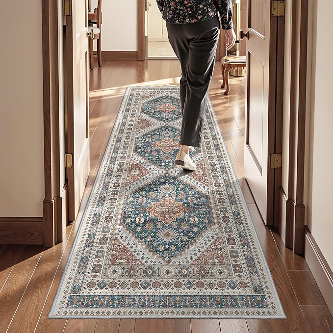 Kitchen Runner Rug Non Slip Washable 2.5x8, Soft Low Pile Entryway Rug Runners for Hallways,Carpet Runner for Living Room,Kitchen, Laundry, Bathroom(Blue/Red,2.5'x8')