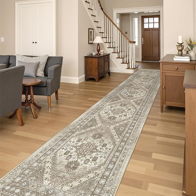 Washable Runner Rug 2.5x16, Non-Slip Long Kitchen Mats for Floor, Vintage Rug for Entryway, Soft Hallway Runner for Dining Room, Bedroom, Living Room(Brown,2.5'x16')