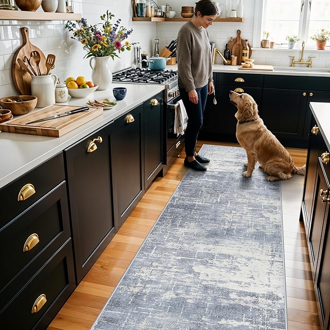 Hallway 2x8 Washable Runner Rug: Abstract Stain Resistant Kitchen Entryway Rugs Farmhouse Ultra Soft Bathroom Bedroom Print Floor Mat Thin Non-Slip Indoor Carpet for Living Room Laudry(2x8,Blue/ivory)
