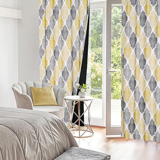 Beauoop 100% Blackout Curtains 84 Inches Long 2 Panels for Bedroom Living Room Yellow Grey Moroccan Geo Room Darkening Thermal Insulated Soundproof Rod Pocket Back Tab Window Treatments Drapes, 50x84