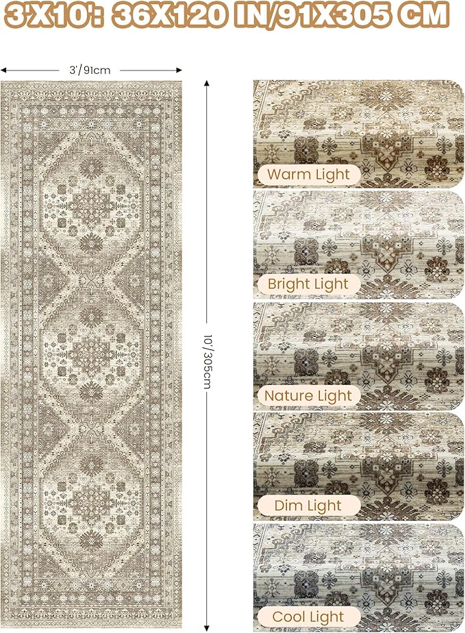 3x10 Runner Rug Non Slip Washable for Entryway, Front Porch, Vintage Hallway Runner for Laundry Room, Bedroom, Stain Resistant Thin Indoor Kitchen Mats for Floor(Brown,3'x10')