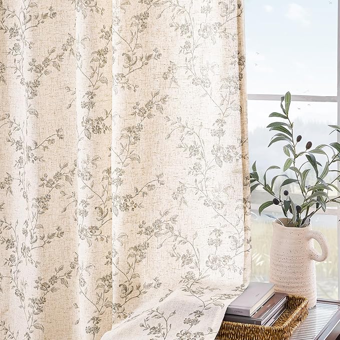Lazzzy Linen Farmhouse Curtains Grey Floral Curtains 63 Inch Long Back Tab Drapes for Living Room Bedroom Light Filtering Country Vintage Rod Pocket Curtain, 2 Panels, Gray on Beige