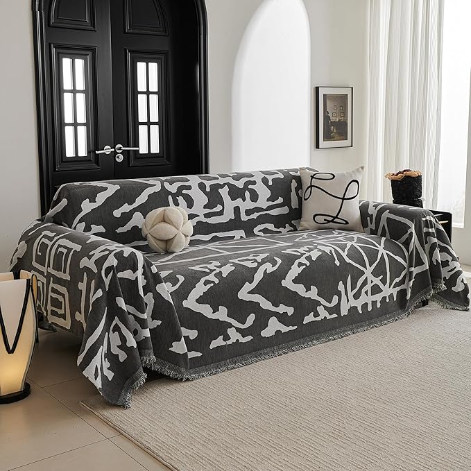 MYSKY HOME Boho Couch Cover Sofa Covers, Couch Covers for 2 Cushion Couch Sofa, Chenille L Shape Sectional Couch Cover - Pet-Friendly, Machine Washable, Sofa Protector for Kid, 71"x118", Grey Geometry