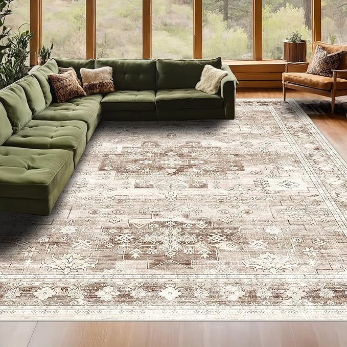 Washable Farmhouse Living Room Rug, 9x12 Area Rugs for Bedroom, Dining Room Under Table Carpet, Kids Room, Large Boho Vintage Non-Slip Floral Rugs Low Pile Stain Resistant (9x12 Beige/Latte)