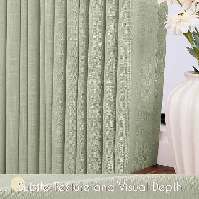 Linen Blend Sage Green Curtains 63 inch Length 2 Panels for Bedroom Back Tab Light Filtering Semi Sheer Drapes Linen Cotton Textured Light Green Airy Modern Farmhouse Living Room Sage Aesthetic Decor