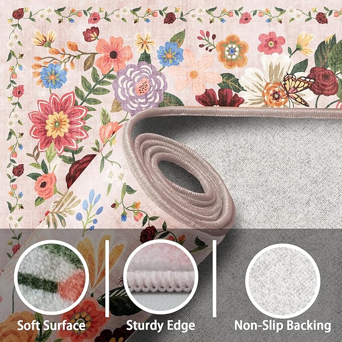 Pink/Beige Living Room Rugs, Area Rugs 5x8 Rug for Bedroom Ultra-Thin Soft, Non-Slip Washable Rugs Stain Resistant Boho Rug Low-Pile Throw Rug for ‎Dining Room Office (5 x 8, Beige/Pink)