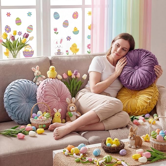 Kathfly Set of 4 Decorative Round Pleated Throw Pillows, Classy Velvet Pumpkin Round Throw Pillows, Decorative Floor Pillow for Bed Chair Home Sofa Decor, 14" Diameter (Easter Color)