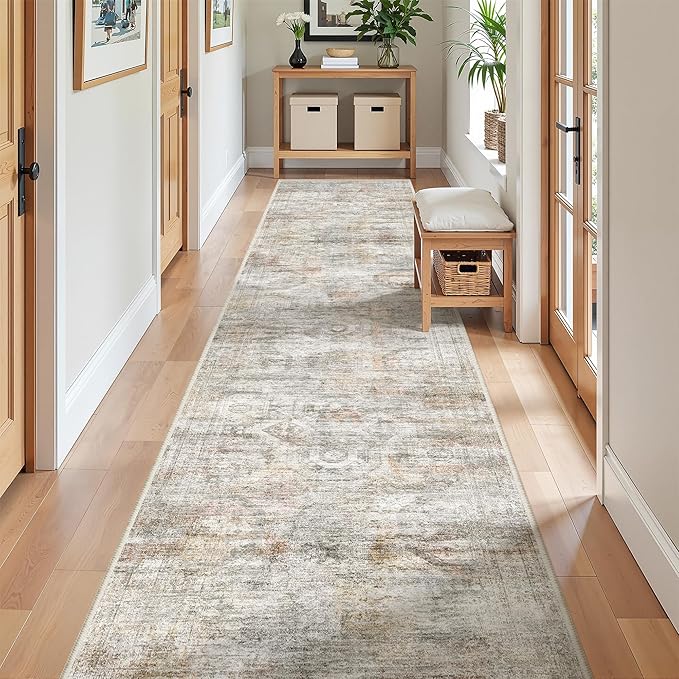 Long Bathroom Rugs Runner - Washable Runner Rugs for Hallway 2x10, Ultra-Thin Soft Kitchen Carpet Runner, Anti Slip Backing Runner Rugs for Entrance, Bedroom, Living Room(2'x10', Grey/Rust)