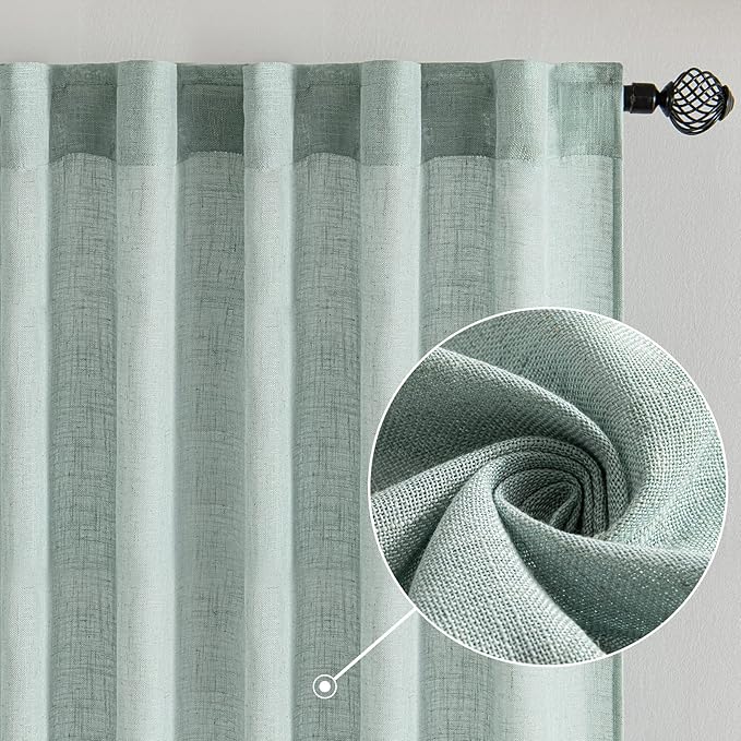 MIULEE Sea Green Linen Curtains 96 Inch Long for Bedroom Living Room, Soft Thick Linen Textured Window Drapes Semi Sheer Light Filtering Back Tab Rod Pocket Burlap Look Aqua Decor, 2 Panels