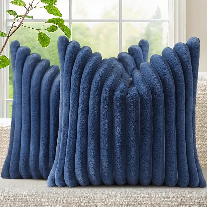decorUhome Cozy Faux Fur Throw Pillow Covers 18x18 Set of 2 Decorative Soft Plush Striped Modern Farmhouse Boho Couch Pillow Cases with Velvet Back for Sofa Bed Living Room, Blue