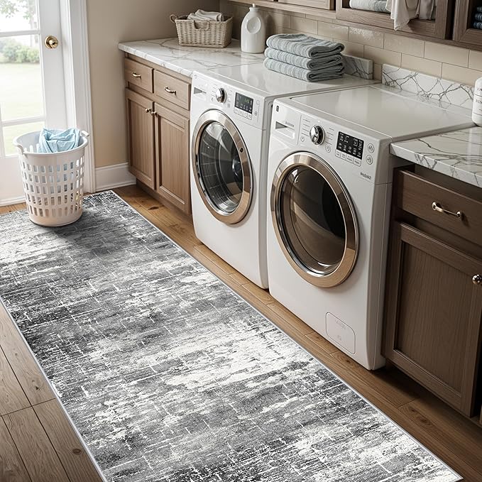 Washable 2x5 Kitchen Area Rug: Non-Slip Abstract Water-Resistant Entryway Rug Soft Sink Fridge Area Bedroom Carpet Low Pile Floor Mat for Bathroom Laundry Nursery Non-Shedding Runner(2X5,Black/Grey)