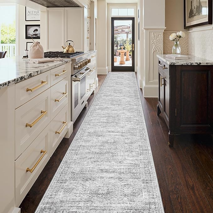 3x20 Washable Runner Rug for Hallway, Non-Slip Long Hallway Runner for Entryway, Soft Vintage Kitchen Mats for Floor, Abstract Dining Room, Bedroom, Living Room Rugs(3'x20', Grey/Ivory)