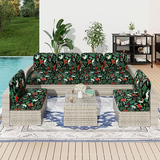 hyha Printed Couch Cushion Covers, Floral Sofa Covers Washable for 2 Cushion Couch, Stretch Pattern Outdoor Cushion Covers for Patio Furniture with Elastic Bottom(Medium, Christmas Botanical)