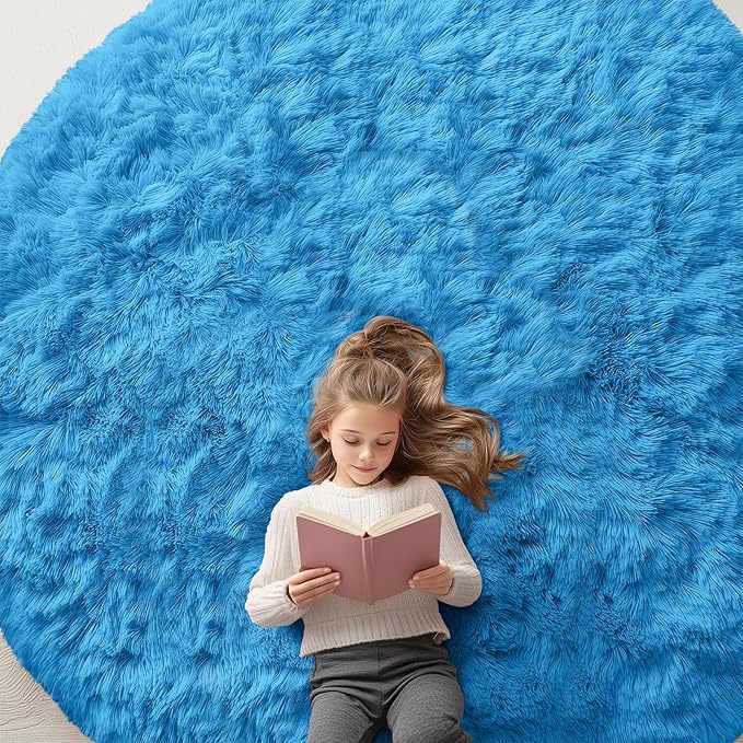 OLANLY Bright Blue Round Rugs for Bedroom - Machine Washable, 8 ft Circle Area Rugs for Living Room, Soft and Fluffy Shaggy Carpet for Teen Girl and Boys, Nursery Rooms, Dorms, Home Decor Aesthetic