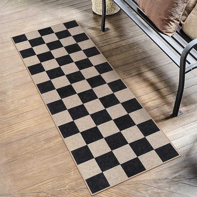 Lahome Colette Checkered Easy Jute Runner Rug, 2x6 Kitchen Runner Rug Non Slip Washable Outdoor Carpet for Entryway Indoor, Checkerboard Black Indoor Outdoor Carpet Runners for Hallway 6ft Entry
