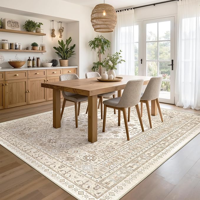Area Rugs 5x7, Ultra-Thin Washable Rugs for Living Room, Anti-Slip Backing Area Rug for Bedroom, Soft Floral Vintage Home Decor Rug for Dining Room(Cream/Beige,5'x7')
