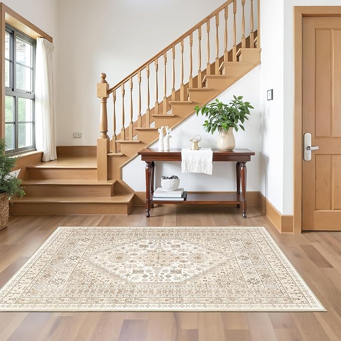 3x5 Washable Area Rug for Entryway, Kitchen Rugs Non Slip for Dining Room, Vintage Floral Soft Living Room Rug, Thin Area Rug Indoor for Bedroom, Kids Room Decor(Cream/Beige,3'x5')