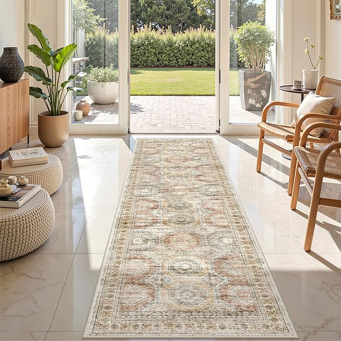 Rug Runners for Hallways Non Slip - 2x8 Runner Rug for Bedroom, Washable Runner with Rubber Backing, Soft Low-Pile Carpet for Kitchen, Laundry, Bathroom (2'x8', Brown/Pink)