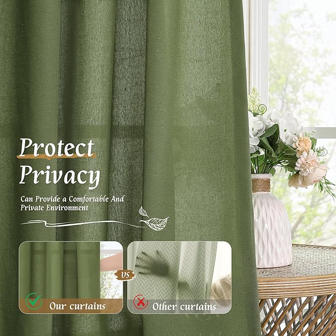 LAMIT Linen Blended Curtains 84 inch for Living Room, Linen Textured Light Filtering Drapes Rod Pocket Boho Panels for Farmhouse/Living Room, 2 Panels, 52 x 84 Inch, Olive Green