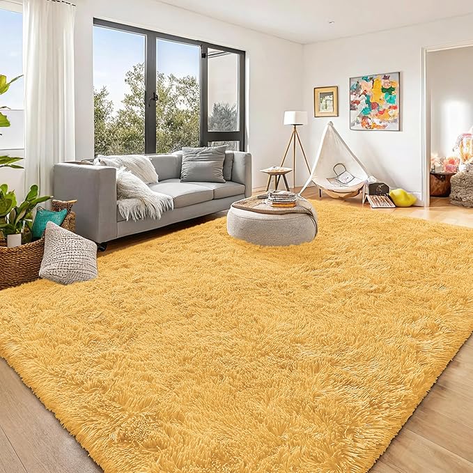 OLANLY 8x10 Machine Washable Large Area Rugs for Living Room, Bedroom, Soft Fluffy Shaggy Bedside Rug, Indoor Floor Carpet for Kids Girls and Boys, Dorms, Nursery, Home Decor Aesthetic, Mustard Yellow