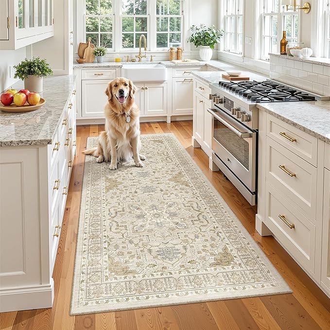 Madane Hallway Runner Rug 3x6 - Washable Kitchen Rugs Entryway Rug Runner Vintage Soft Floor Mat Non Slip Indoor Farmhouse Carpet for Bathroom Living Room Bedroom (3 X 6, Beige/Blue)