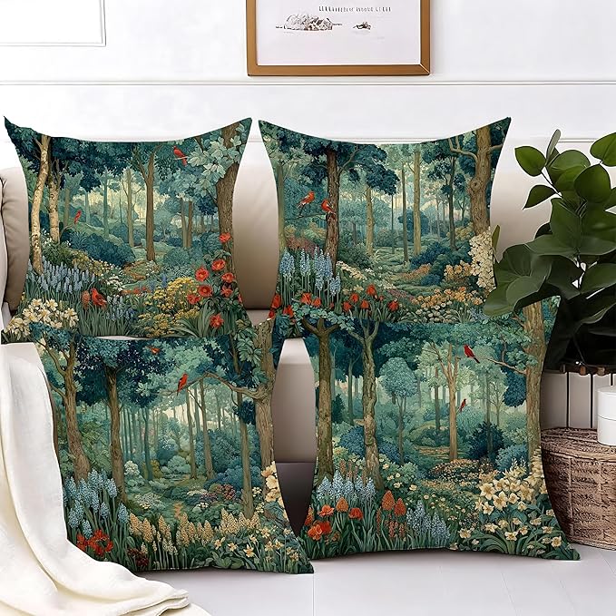 Rustic Forest Green Pillow Covers 18x18 Set of 4, Cottagecore Summer Lemon Forest Nature Botanical William Morris Inspired Decorative Throw Pillow Covers for Sofa Bed Bedroom Living Room