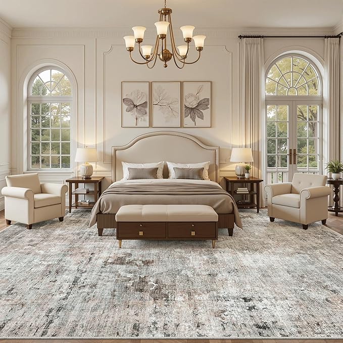 10x14 Area Rugs for Living Room, Non Slip Machine Washable Vintage Rugs, Low Pile Lightweight Large Rug for Bedroom, Dining Room, Home Office Pink/Grey