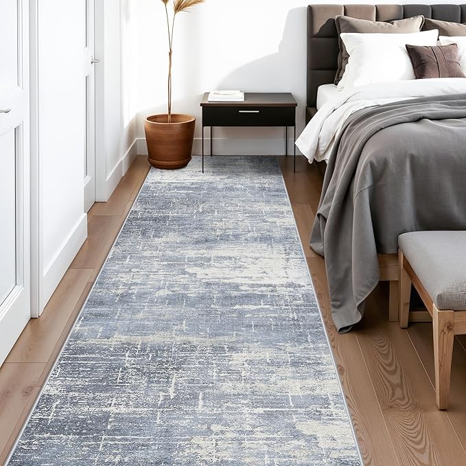 Washable Abstract 14ft Runner Rug: Non-Slip Low-Pile Rug Runner Soft Beside Carpet Indoor Farmhouse Entryway Floor Mat Bathroom Living Room Stain Resistant Area Rugs Cozy Home Decor(2'6x14,Blue/ivory)
