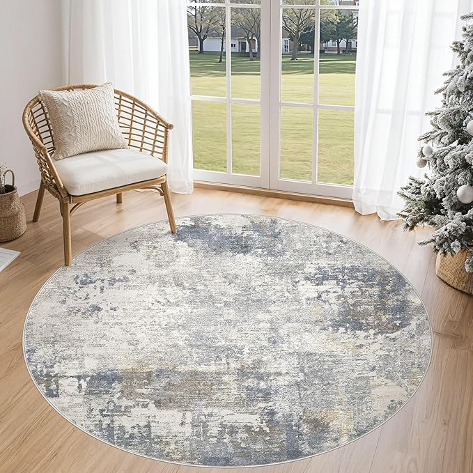 UERMEI 5ft Round Area Rug Living Room Rugs - 5x5 Washable Neutral Modern Abstract Soft Thin Rug Indoor Floor No Slip Rug Carpet for Bedroom Under Dining Table Home Office Decor - Blue Grey