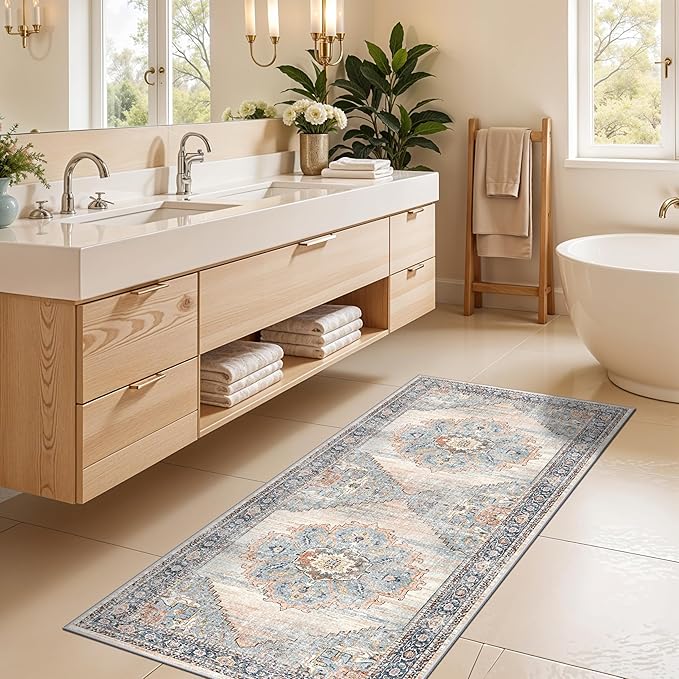 TOPRUUG 2x5 Hallway Runner Rug: Washable Non-Slip Rugs for Kitchen Vintage Water Resistant Entryway Rug Ultra-Thin Soft Living Room Bedroom Carpet Low Pile Durable Floor Mat for Bathroom (Blue, 2X5)
