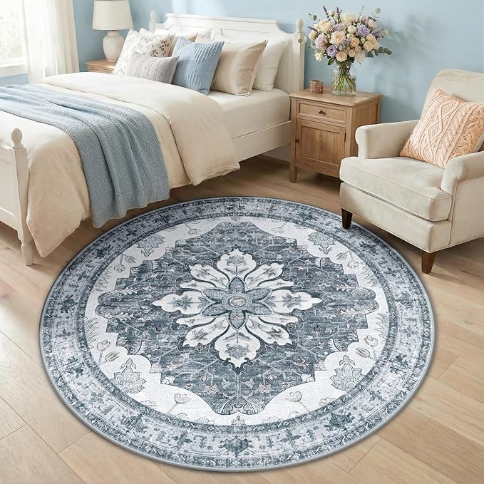 RELEANY Area Rugs 5ft Washable Non-Slip, Floral Vintage Distress Print Pattern Medallion Carpet for Living Room Bedroom Dining Room, Light Gray Grey White