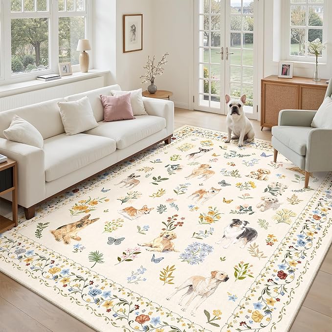 Dog 5x7 Area Rugs for Living Room, Machine Washable Animal Floral Vintage Rug Non-Slip Low Pile Soft Throw Rugs for Kitchen Dining Room Bedroom Nursery Playroom (5 x 7,Beige)