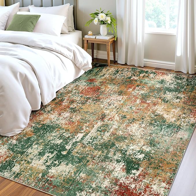 Washable Area Rugs 7'x9' Non-Slip Modern Abstract Soft for Living Room Entryway Bedroom Nursery, Print Pattern, Green Orange Rust Red Cream Colorful