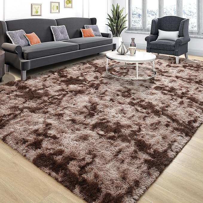 Tepook Fluffy Large Rugs for Living Room, Area Rug 6x9 Soft Carpet for Bedroom, Modern Shaggy Rug for Kids Boys Girls, Plush Indoor Nursery Home Decor Rug with Non-Slip Bottom, Tie-Dyed Coffee