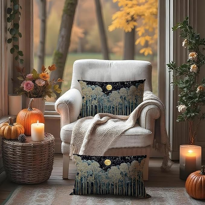 Rustic William Morris Night Forest Green Moon Decor Pillow Covers 12x20 Set of 2,Vintage Botanical Nature Landscape Decorative Throw Pillow Covers for Home Bedroom Living Room