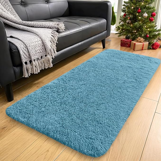 OLANLY 2x8 Machine Washable Runner Rugs for Hallway, Soft Fluffy Shaggy Bedside Rugs for Bedroom, Living Room, Indoor Floor Carpet for Kids Girls and Boys, Home Decor Aesthetic, Slate Blue