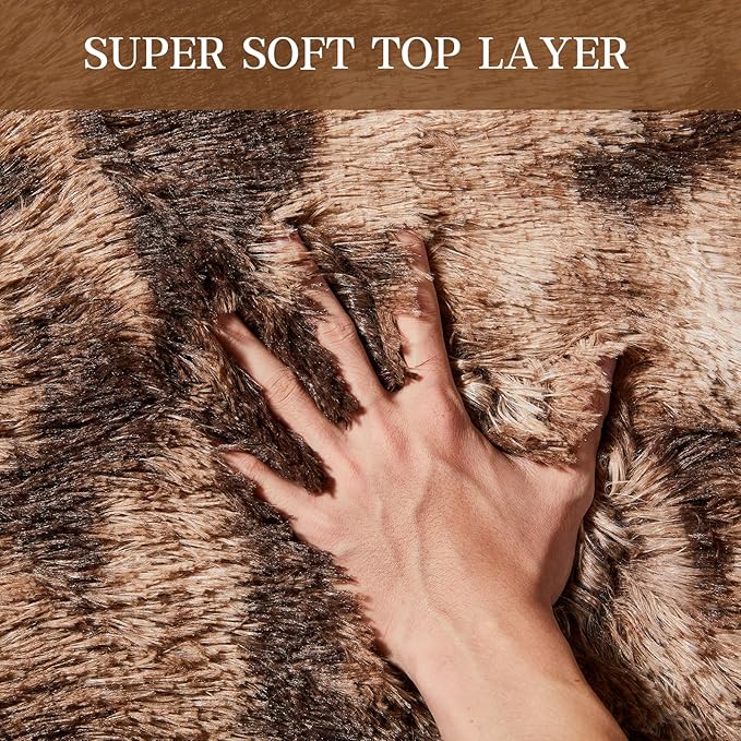 KNZE 8' x 10' Brown Modern Shag Area Rug, Luxuriously Plush, High Pile, Fluffy, Washable, Non Slip, Fade Resistant, Rectangular, Indoor, Bedroom, Living Room, Playroom, Dorm Room