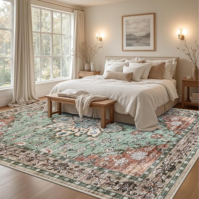 Area Rugs 10x12 Living Room Rug: Washable Rug Soft Vintage Distressed Floral Carpet Indoor Non-Slip Stain Resistant Large Carpets for Bedroom Dining Room Farmhouse Nursery Home Office Brown Green