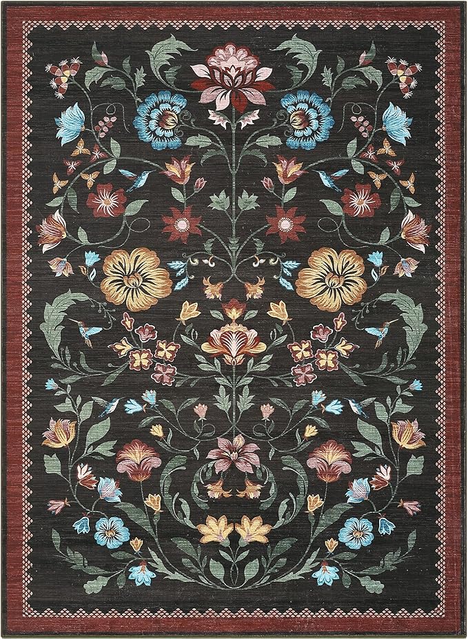 GarveeHome Washable Rug 5x7 Area Rugs for Living Room, Floral Rug for Bedroom, Soft Boho Non Slip Throw Rugs with Rubber Back, Low Pile Stain Resistant Vintage Floral Carpet for Dining Room, Red