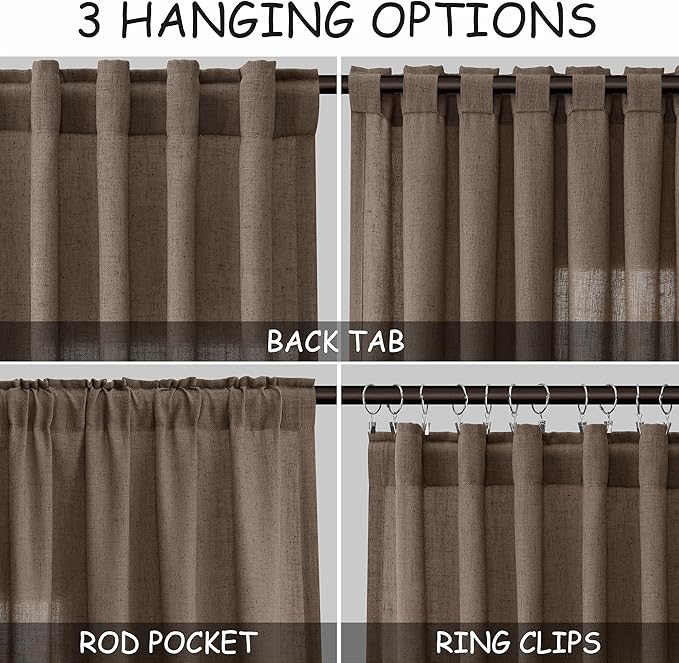 Light Brown Linen Curtains 90 Inch Length 2 Panels Set for Living Room Rod Pocket Back Tab Window Drapes Light Filtering Modern Farmhouse Curtain 90 Inches Long for Dining Room Bedroom 52x90