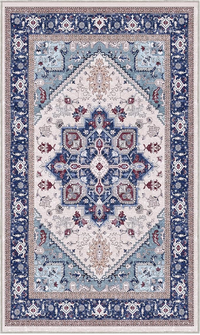 OPPODREAM Soft Area Rugs 3x5, Washable Rugs with Non Slip Backing, Low-Pile Throw 3x5 Carpet, Faux Cashmere 3 x 5 Carpet, Navy Blue & Red & Cream