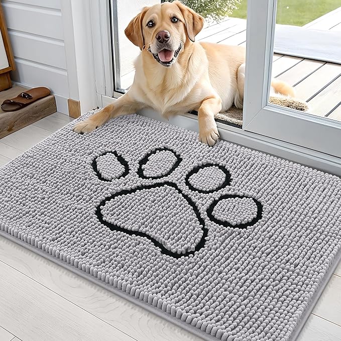 OLANLY Dog Door Mat for Muddy Paws 36x24, Paw Print Design, Absorbs Moisture and Dirt, Non-Slip Washable Doormat, Quick Dry Chenille Mud Mat for Dogs, Entry Indoor Entryway Carpet, Light Grey