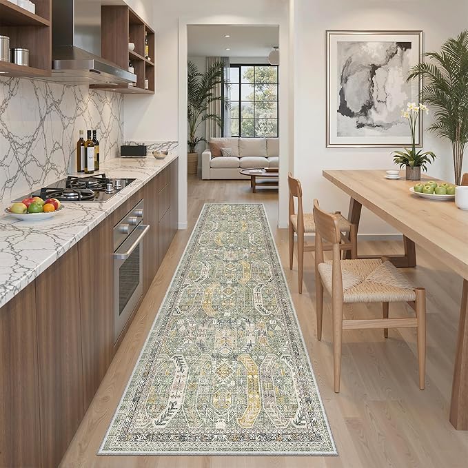 Madane Runner Rug 2x8, Washable Hallway Runner Rugs, Non-Slip Low-Pile Soft Kitchen Rug Runner Laundry Room Rug, Vintage Throw Entry Foyer Mat for Entrance Living Room (Green/Gold, 2 x 8)