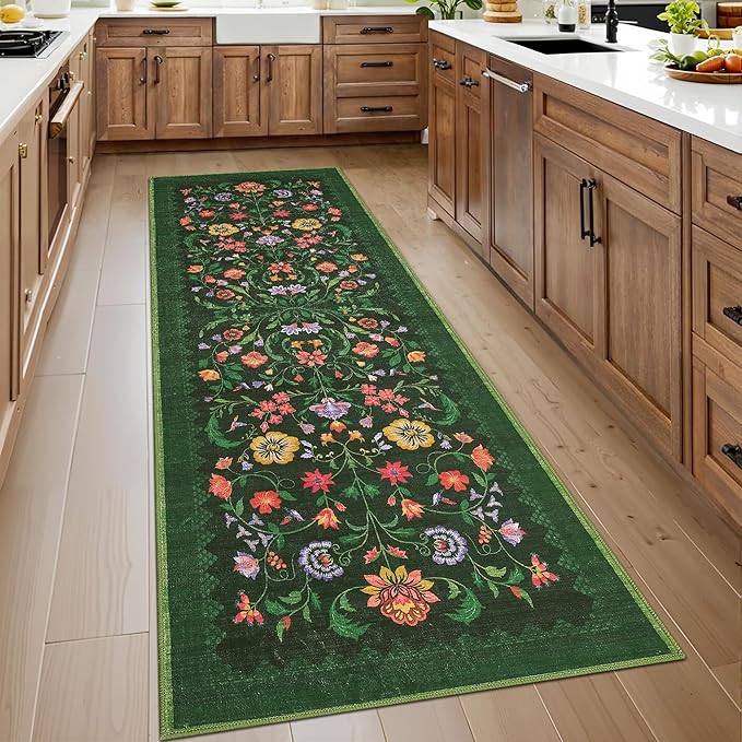 GarveeHome Floral Rug 2.5x10 Runners for Hallways, Boho Kitchen Runner Rugs Non Slip Bath Runners, Vintage Washable Runner Rug for Bedroom, Soft Long Rugs for Entryway Bathroom Laundry Dorm, Green
