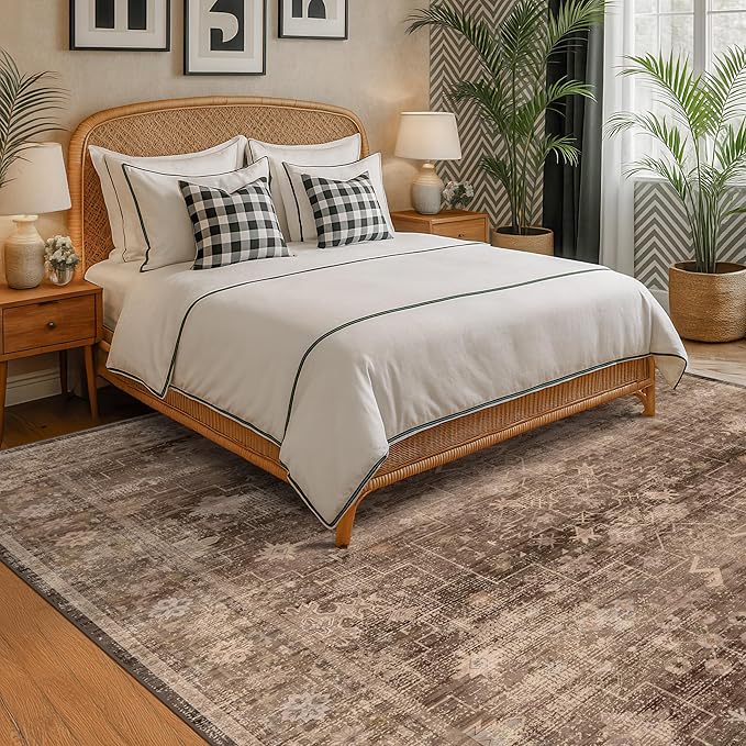 Hazo Haus Brown Rug for Living Room 10x14 - Extra Large Vintage Western Unique Neutral Taupe, Washable Low Pile Non-Slip Soft Thin Area Rug for Dining Under Table, Bedroom Under Bed, Home Office