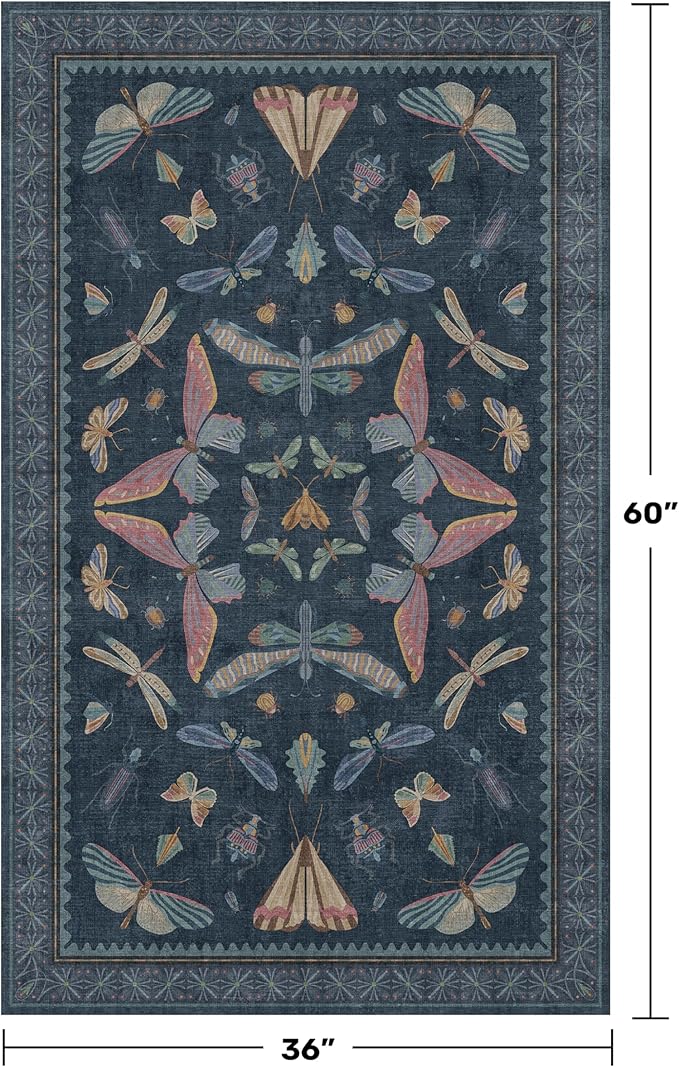Washable 3x5 Indoor Rugs for Entryway, Non Slip Vintage Area Rug for Kitchen Floor, Laundry Room, Blue Bedroom Carpet with Insect Pattern, Dark Boho Décor Indoor, Stain Resistant Mat