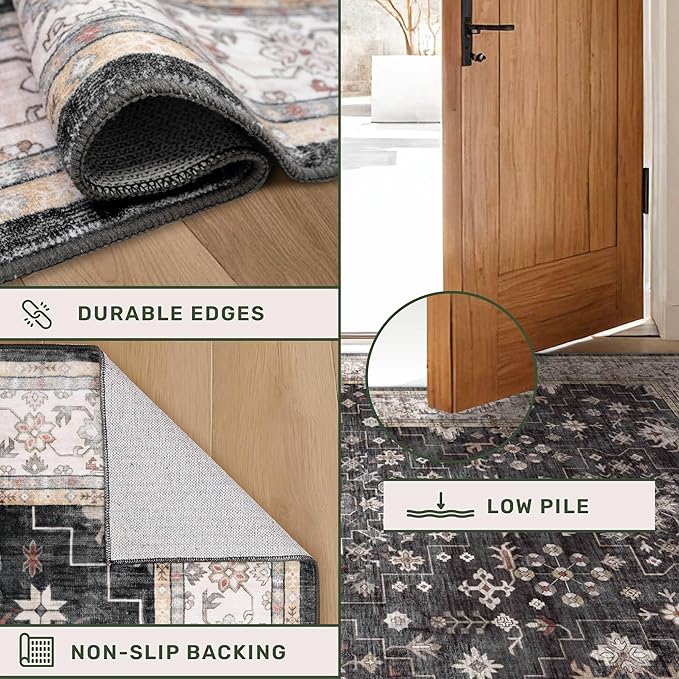 Hazo Haus Black Boho Washable 3x10 Extra Long Hallway Runner Rug, Waterproof Large Kitchen Floor Rug Indoor, Non-Slip Stain & Fade Resistant, Vintage Floral Decor