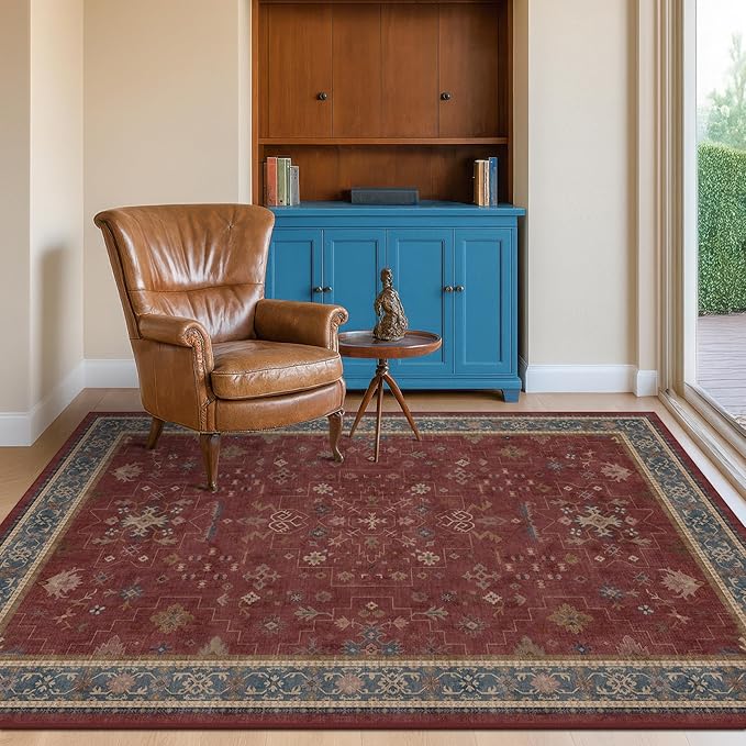 Turkish 4x6 Rug for Living Room Small - Area Rug for Kitchen, Bedside, Foyer Large Entryway Indoor - Washable Stain Resistant Non Slip, Unique Victorian Art Deco, Maroon & Burgundy