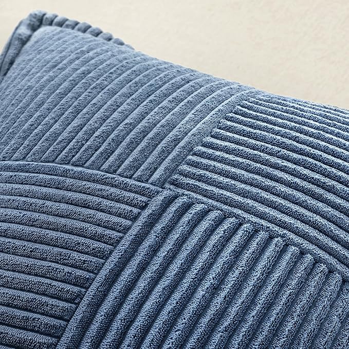 MIULEE Decorative Throw Pillow Covers for Couch Bed Livingroom 20x20 Inch Set of 2 Blue Boho Accent Throw Pllows Broadside Striped Patchwork Soft Corduroy Summer Coastal Pillowcases